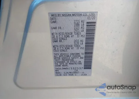 2020 Infiniti Qx60 Pure z USA, uszkodzony, nr VIN 5N1DL0MN9LC532537